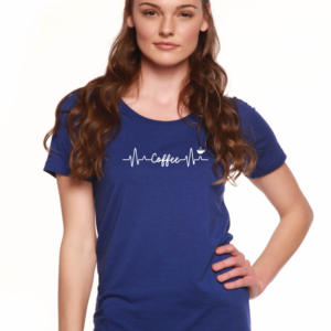 Heartbeat coffee cup print scoop neck t-shirt in sapphire blue