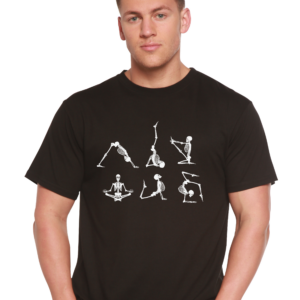Skeleton in namaste yoga pose graphic t-shirt, Halloween design