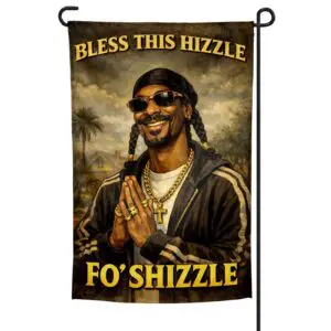 'Bless This Hizzle Fo Shizzle' funny garden flag displayed outdoors