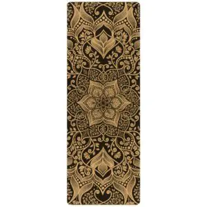 Harmony Aura cork yoga mat with fine-grain cork surface, rolled out on studio floor