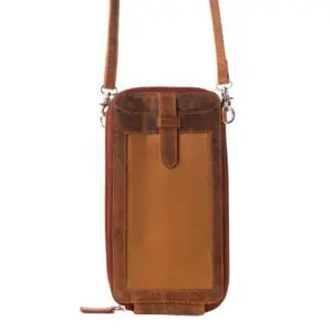 Tan leather Myra Wildtouch western phone crossbody with clear phone window