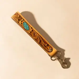 Light brown leather western key fob with turquoise stone and handtooled detail
