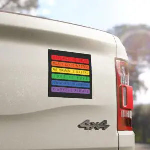 Rainbow bumper magnet with equality and social justice statements